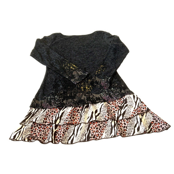 Rosa Rose Women's Dress Large Gray Print Long Sleeve Tiered Leopard Print - Picture 2 of 9